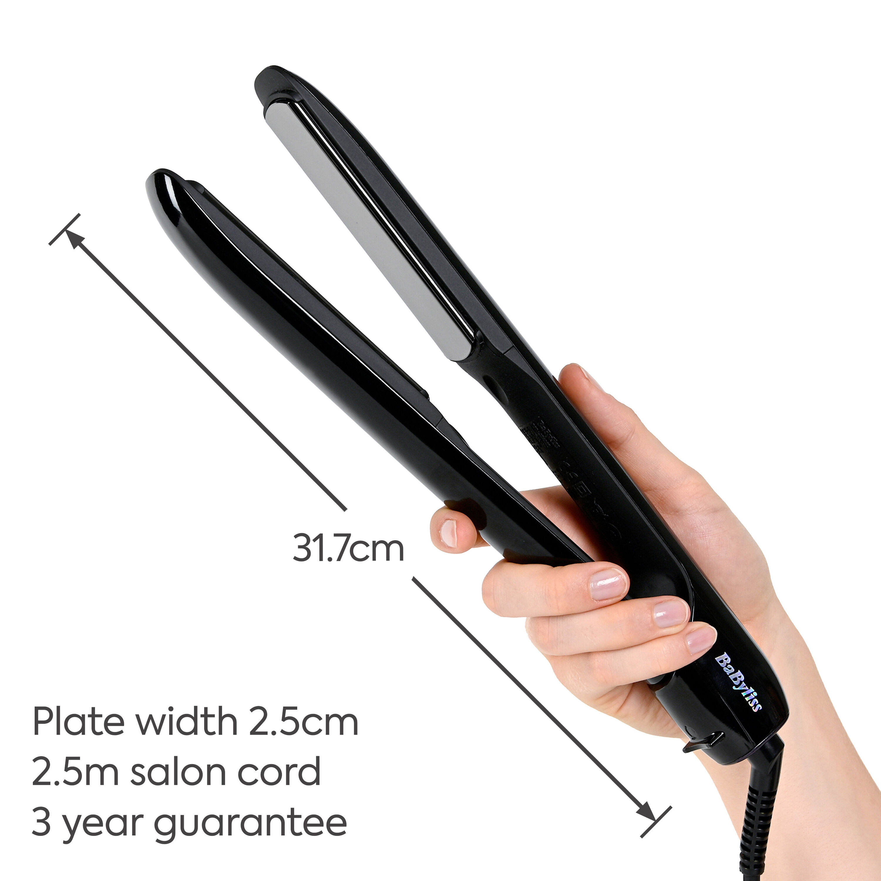 31.7cm.  Plate width 2.5cm. 2.5m salon cord. 3 year guarantee